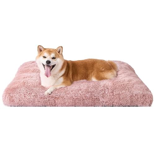 EHEYCIGA Fluffy Dog Crate Bed for Large Dogs, Plush Faux Fur Crate Pad, Calming Anti Anxiety Large Dog Bed, Washable Soft Warm Crate Mat with Non-Slip Bottom, Pink - Image 1