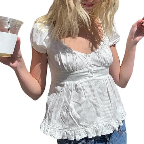 Women Teen Girls Cute Tops Short Sleeve Button Front Low Cut Ruffle Crop Top Vintage Aesthetic Coquette Shirts - Image 1