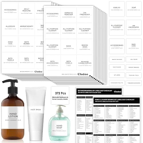 Cludoo 372 PCS Preprinted Minimalist Home Laundry Bathroom Labels for Organizing with DIY Blank Labels, Waterproof Oil Resistant Stickers for Bathroom Laundry Home Beauty Organization Supplies Labels - Bathroom Label - Image 1