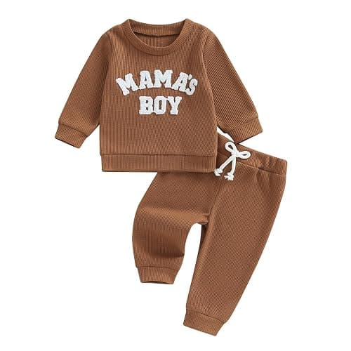 Kupretty Toddler Baby Boy Fall Winter Clothes Embroidery Waffle Knit Sweatshirt Pullover Tops + Casual Pants Outfit Set - Image 1