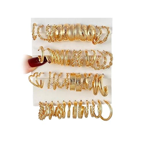 IFKM 24 Pairs Gold Hoop Earrings Set for Women Hypoallergenic Chunky Chain Twisted Open Hoops Dangle Earring Packs for Birthday Party Christmas Fashion Jewelry Gift - Image 1