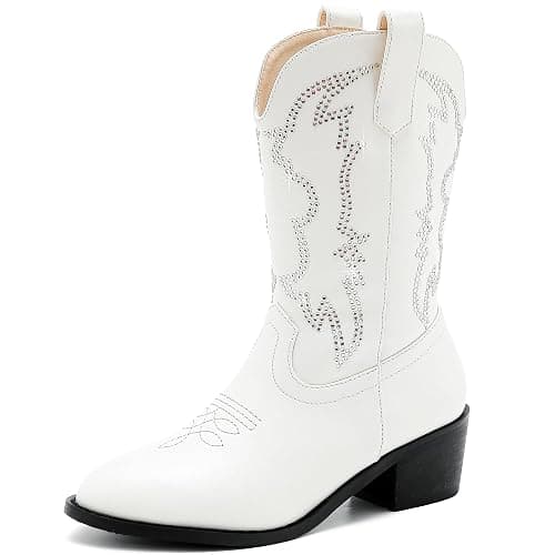 LAURMOSA Girls Cowboy Boots Pull On Cowgirl Boots Pointed Toe Mid Calf Western Boots for Little Kid Big Kid - 3 Big Kid - Rhinestone White - Image 1