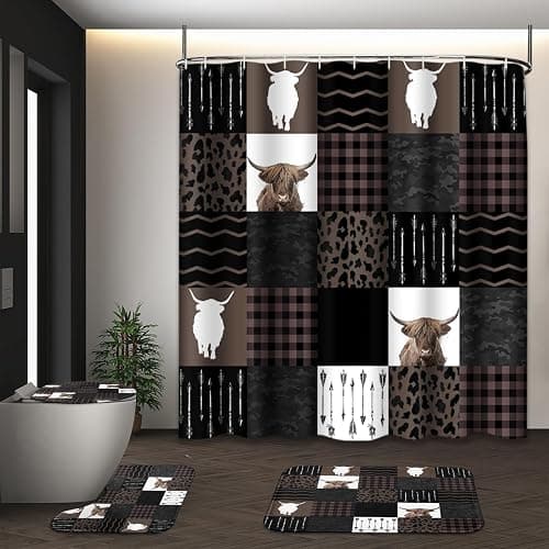 Tayney Highland Cow Farm Brown Black Checked Shower Curtain Set with Toilet Lid Cover and Non-Slip Rugs, 4 Pcs Shower Curtain with 12 Hooks, Farmhouse Bathroom Set with Rugs and Accessories - Image 1