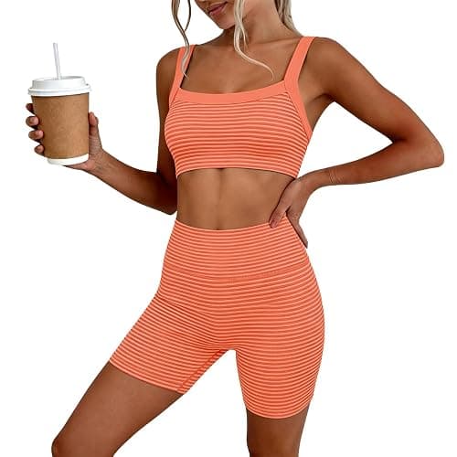 Womens Gym Sets 2 Piece Striped Padded Sports Bra Tops High Waist Biker Shorts Tracksuits Set Seamless Yoga Outfits Casual Running Workout Activewear - Image 1
