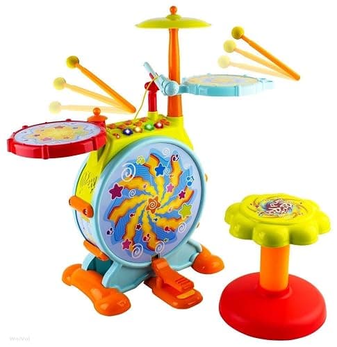 Play Baby Musical Big Toy Kids Drum Set with Adjustable Mic and Seat - Many Functions and Activities for Hours of Play - Pretend to Be A Real Drummer with Drumsticks, Pedals, and Bass Drum - Image 1