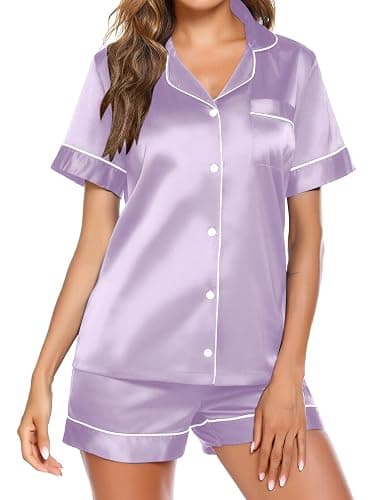 Ekouaer Pajamas for Women Set Silk Satin Pjs Button Down Sleepwear Summer Loungewear Top and Shorts Lounge Set S-XXL - Image 1