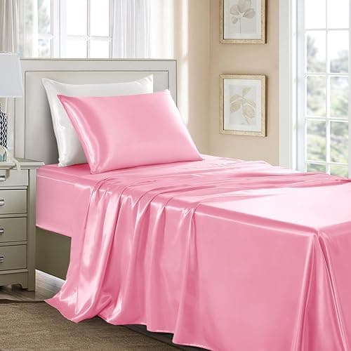 GOLAL Satin Sheets Twin Size - 3 Pieces Luxury Silky Soft Bed Sheets, Wrinkle-Free Light Pink Satin Silk Sheet Set with 1 Deep Pocket Fitted Sheet, 1 Flat Sheet, 1 Pillow Case - Image 1