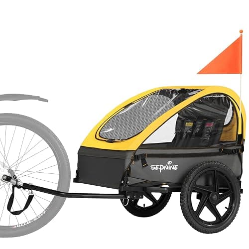 Sepnine Kids Bike Trailer, Suitable for 1 to 2 Kids, 12+ Months, Quick Attach to Bike, Foldable, with 5-Point Harness and Storage Bags - BT609-Yellow - Double Seat - Image 1