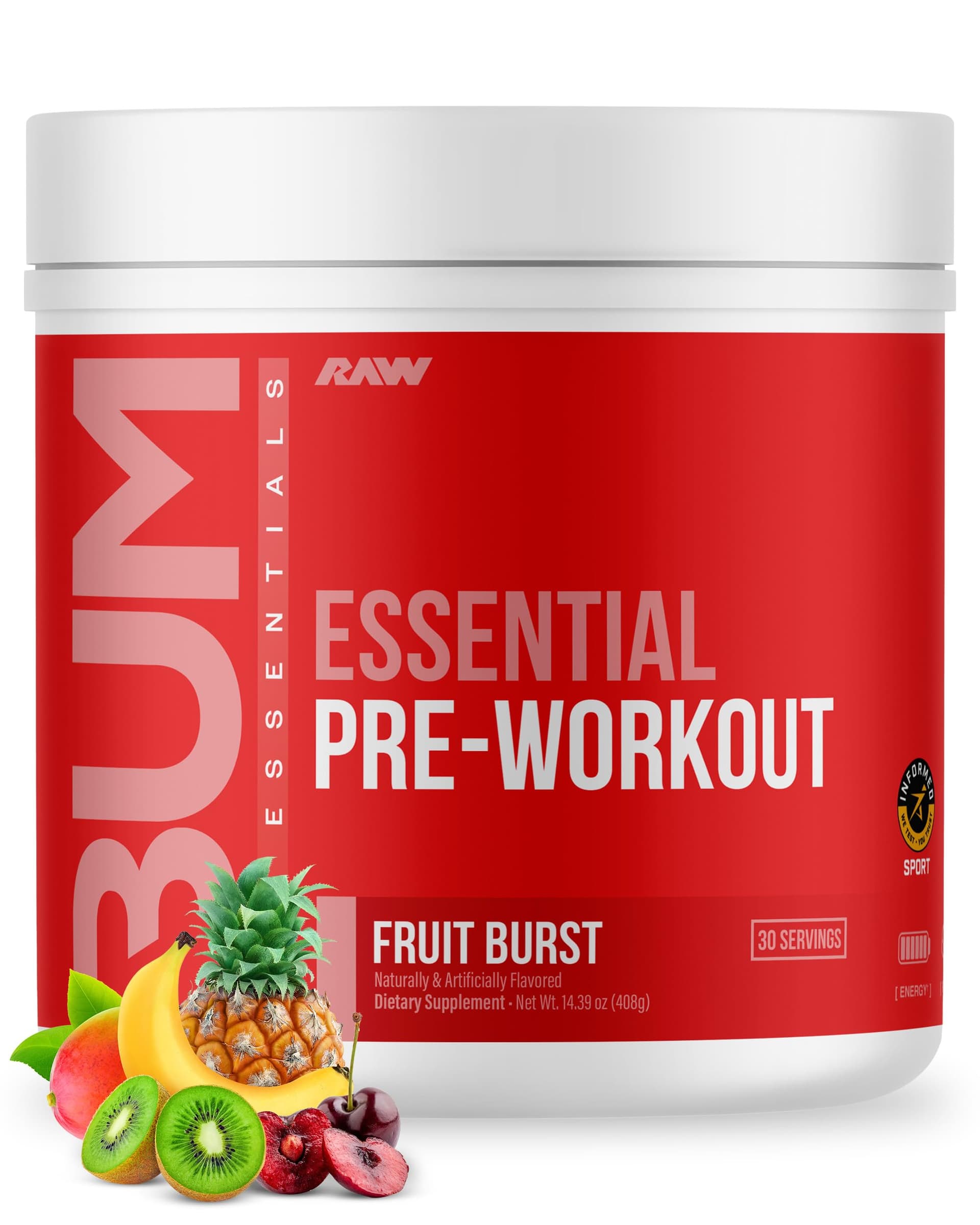 RAW Nutrición - Fórmula esencial para antes del entrenamiento de Chris Bumstead, polvos de nutrición deportiva para preentrenamiento | Bebida para hombres y mujeres, polvo energético para entrenar (Fruit Burst) - Image 1
