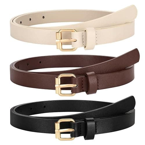 TRIWORKS 3 Pack Women Skinny Leather Belt for Jeans Pants Dress Ladies Thin Waist Belt with Gold Buckle - Image 1