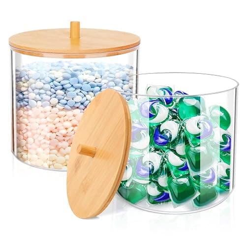JYPS 1+1 Large-Capacity Laundry Pods Container with Bamboo Lid, Clear Acrylic Powder Detergent Containers for Pods, Scent Boosters & Powder, Laundry Room Organization decor, Storage Jars Set - Image 1