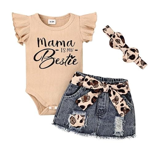 CETEPY Baby Girl Clothes Newborn Romper Ruffle Sleeve Short Jeans Skirt with Headband Infant Outfits Set 0-18 Months - Image 1