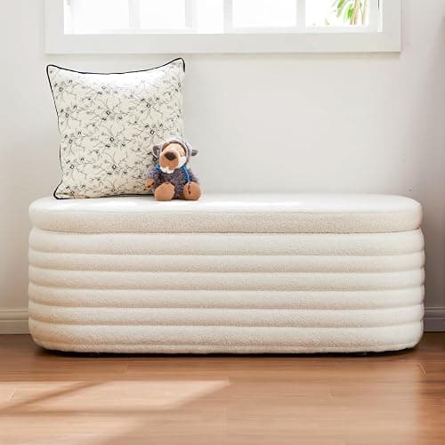 ZOMGE HUZZ 45 Inch Storage Ottoman Bench Upholstered Fabric Bedroom Benches, Modern Comfy End of Bed Stool for Living Room/Hallway/Entryway, Sherpa White - Image 1