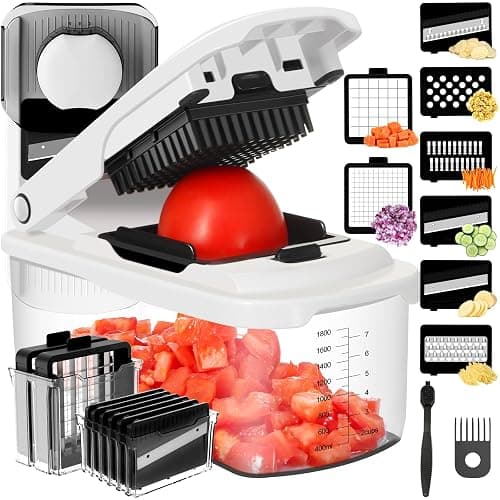 Ourokhome Food Chopper with Container, Manual Mandolin Vegetable Slicer Onion Dicer with 8 Blades, Hand Veggie Shredder for Potato, Tomato, Essential Kitchen Gadgets (8 in 1, White) - Image 1