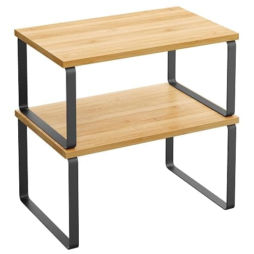 SONGMICS Cabinet Organizer Shelf, Set of 2 Kitchen Counter Shelves, Kitchen Storage, Spice Rack, Stackable, Expandable, Metal and Engineered Wood, Ink Black and Natural Beige UKCS02NB - 11.7"W - Ink Black + Natural Beige - Image 1