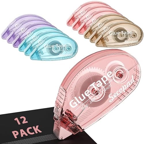 Secopad 12 Pack Scrapbook Tape, Double Sided Tape Roller for Crafts, Adhesive Glue Runner for Scrapbooking Journal Supplies, Glue Roller for School Office, 0.3IN x 26FT, Light-Colored Shell - Image 1