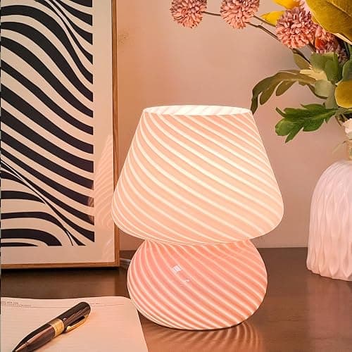 jonong Bedside Lamp Glass Striped Mushroom Table Lamp 110V Creative Gift Night Light (Pink) - Pink - Image 1