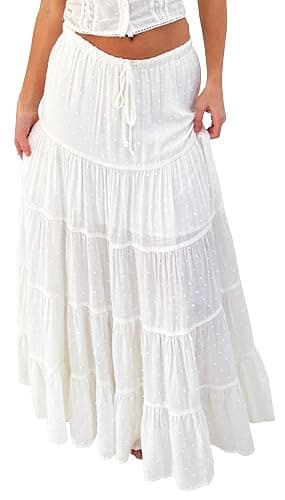 EG CHRIS G White Maxi Skirt for Women Casual Elastic Waist A-Line Pleated Summer Boho Beach Long Skirt - Image 1