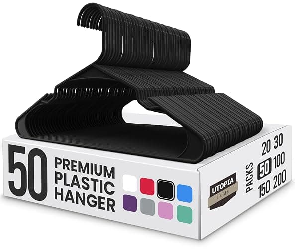 Utopia Home Plastic Hangers 50 Pack, Space-Saving Clothes Hangers with Non-Slip Shoulder Grooves for Strappy Clothes, Ideal for Home Closet Organization and Warddrobe Solutions (Black) - Image 1