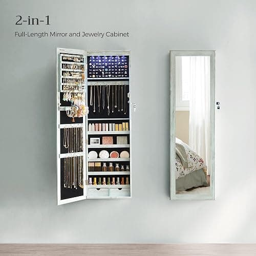 SONGMICS 6 LEDs Mirror Jewelry Cabinet, 47.2-Inch Tall Lockable Wall or Door Mounted Jewelry Armoire Organizer with Mirror, 2 Drawers, Christmas Gift, 3.9 x 14.6 x 47.2 Inches, Rustic Green - Image 1