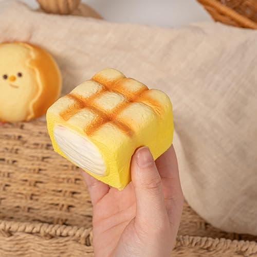 Cute Squishy Stress Relief Toys, Soft Slow Rising Squeeze Toys in Assorted Adorable Shapes, Kawaii Desk Fidget Toys for Adults, Hand Squeeze Toys for Office Breaks, Party Favors, Gifts (Cream Bread) - Image 1