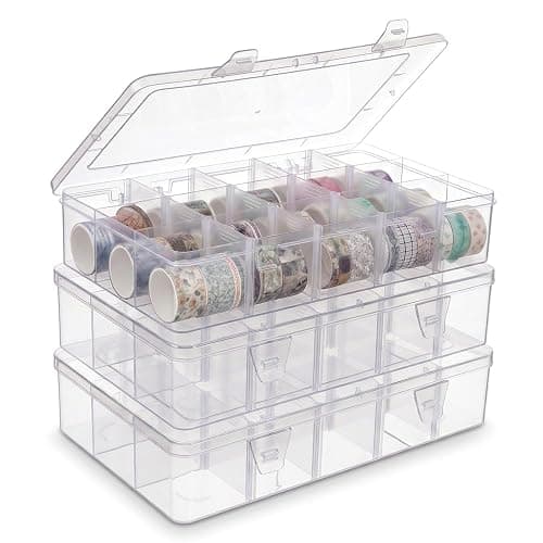 Afcabakila 3pcs Washi Tape Organizer Clear Tackle Box Organizer 15 Grids Plastic Storage Box with Dividers Adjustable Dividers craft storage boxes for Jewelry, Art DIY Crafts, Beads and Washi Tape - Image 1