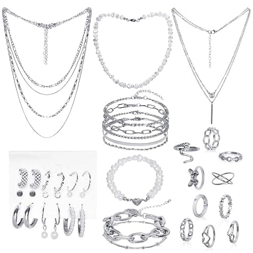 34 Pcs Silver Jewelry Set for Women Layered Bracelets Ball Dangle Hoop Earrings Stackable Knuckle Rings Set Dainty Adjustable Necklaces Valentine Anniversary Trendy Party Costume Accessories Jewelry - Image 1
