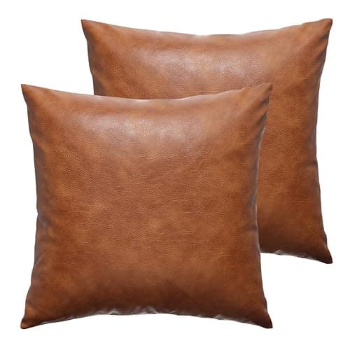 GEGELICA Faux Leather Throw Pillow Covers 18X18 Inch Set of 2 Brown Outdoor Modern Farmhouse Solid Decorative Pillow Covers for Room Couch Living Bedroom Bed Sofa - Image 1