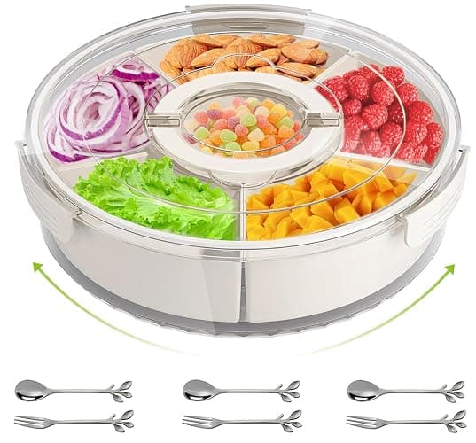 SanerCraft Rotating Snackle Box Container, Divided Fruit and Snack Tray with lid and Handle, Spinning Snack Container Veggie Platter for Parties, Picnics, Camping... - Image 1