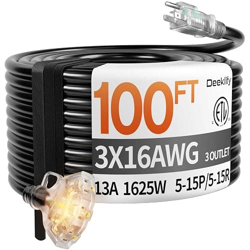 Deeklify 100 ft 16/3 awg 3 Outlet Extension Cord Splitter with Indicator, Waterproof Outdoor Extension Cord with Multiple Outlets, 13A 1625W for Home & Workshop, ETL Listed, Black SJTW - Image 1