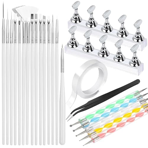 FANDAMEI Nail Art Tools, Nail Brush, 15 PCS Nail Art Brushes, 5 PCS Nail Dotting Tool, Nail Stand, Nail Holder For Painting Nails, Nail Tools, Nail Design Tools, White - Image 1