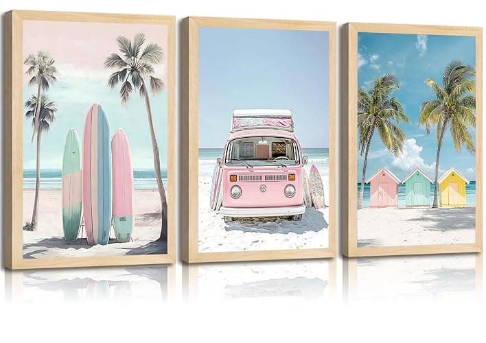 3Pcs Pink Beach Wall Art Tropical Teen Girl Coastal Canvas Poster Print Surfboard Palm Picture Wall Decor for Beach Room Bathroom Living Room Bedroom 12x16in Unframed - Image 1