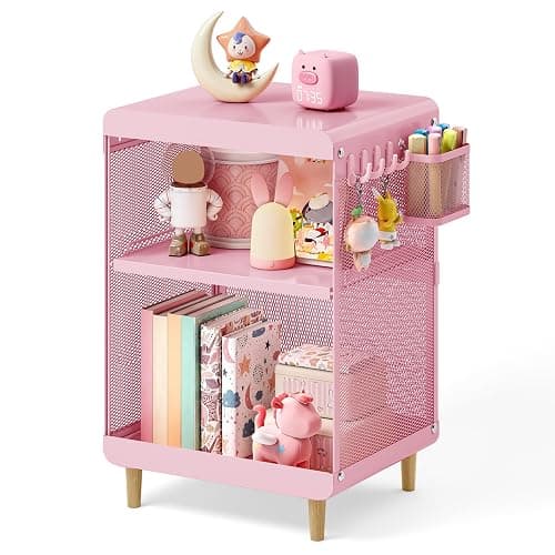 SYKIARIOL Kids Nightstand for Girls, 3-Tier Storage Shelf, Pink | Metal Bedside Table with 4 Hooks & Hanging Basket, Toddler Night Stand for Bedroom - Image 1