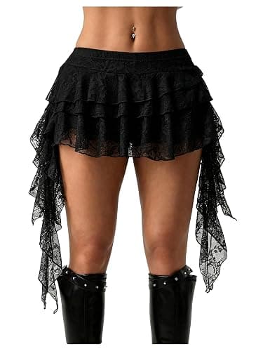 Women's Y2K Mini Skirt Ruffle Lace Mesh Asymmetrical Flowy Short Skort | Bulit-in shorts, layered pleated low rise design, boho/gothic/western style, for rave party/country concert - Image 1