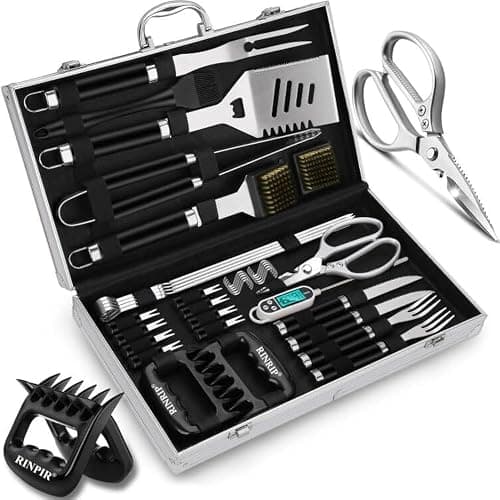 RINPIR 35pcs Deluxe Grilling Gifts Set for Birthday Fathers Day, Stainless Steel BBQ Accessories Kit for Men Dad, Professional Grill Tools Utensils with Scissors, Meat Claws in Aluminum Case Black - Image 1