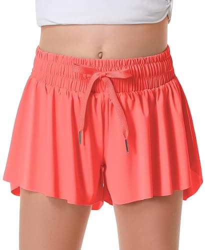 Girls Flowy Shorts Butterfly Shorts for Kids with Pocket 2-in-1 Athletic Shorts Running Shorts for Girls - Medium - Light Red# Girls - Image 1