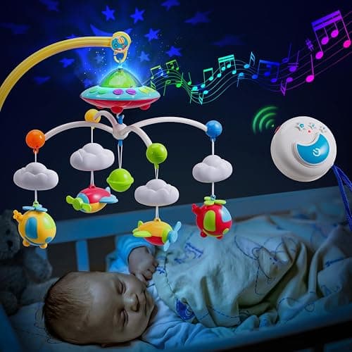Elf Lab Baby Musical Crib Mobile with Remote Control and Light Projector | Fits 0.47-1.49in Rails, 4 Removable Hanging Rotating Toys, Projector with 3 Colors, 108 Melodies, Gift for Babies 0-24 Months - Image 1