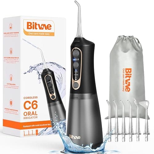 Bitvae C6 Water Dental Flosser Teeth Pick, Cordless Flosser for Travel with 6 Jet Tips, 3 Modes 5 intensities, IPX7 Waterproof Portable & Rechargeable Oral Irrigator Cleaner, Black - Image 1