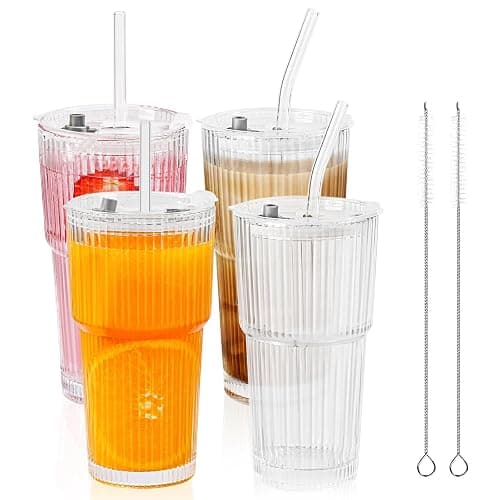 4 Pack 20 Oz Glass Cups with Lids and Straws Iced Coffee Cups Vintage Ribbed Glassware for Beer Ice Coffee Fruit Juice Elegant Aesthetic Cup Glass Iced Coffee Tumbler Include 2 Cleaning Brushes - Image 1