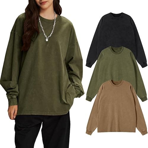 KEEPSHOWING Men's Oversized T Shirts Long Sleeve Shirts for Men Vintage Acid Wash Comfort Colors Crewneck Sweatshirt - Image 1