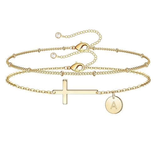 M MOOHAM Stocking Stuffers for Teens Women - Initial Cross Bracelets for Women, 14K-Gold-Plated Dainty Cross Disc Letter A-Z Bracelet for Teen Girls Gifts Baptism Christian Gifts for Women Girls - Image 1