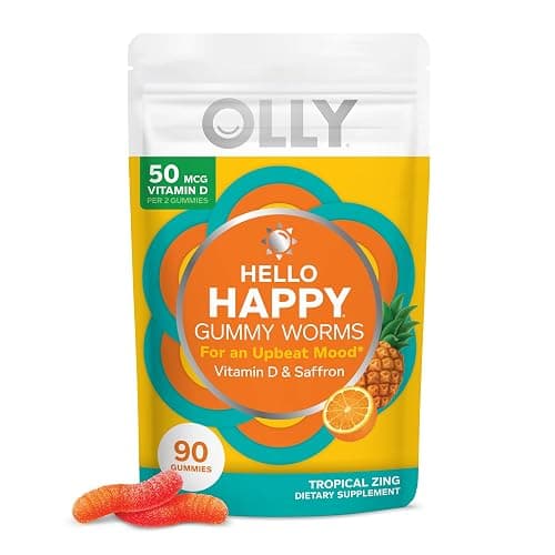 OLLY Hello Happy Gummy Worms, Mood Balance Support, Vitamin D, Saffron, Adult Chewable Supplement, Gluten Free, Tropical Zing - 90 Count - Image 1