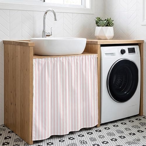 *BOUGHT* Pink Striped Cabinet Curtains for Kitchen Modern Stripes Farmhouse Rustic Simple Utility Sink Skirt, Under Sink Curtain for Laundry Room and Wider Cabinets, 35" W x 35" L - Image 1