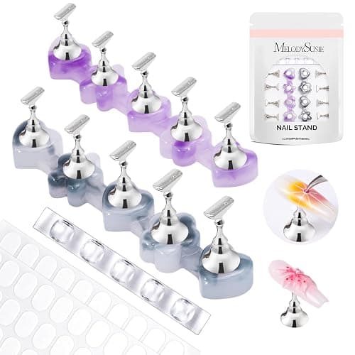 MelodySusie Nail Stand for Press Ons, Flower and Heart Shape Magnetic Base for Painting Display with Brush Holder and 100 Pcs Reusable Double-Sided Tape for Home DIY Salon Supplies, Purple and Gray - Image 1