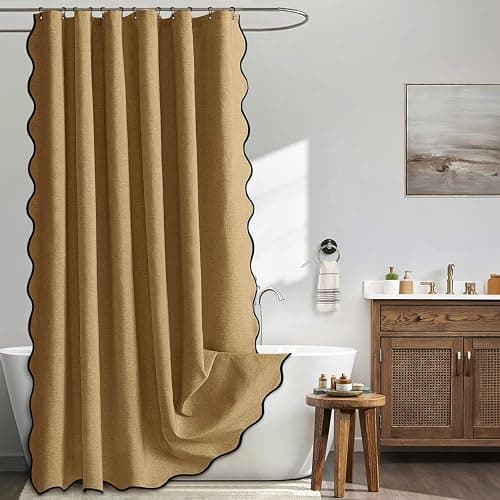 MIULEE Gold Brown Scalloped Shower Curtain Linen Textured with 12 Metal Hooks Cute Heavy Duty Washable Waterproof Thick Cloth Shower Curtains with Black Border for Bathroom Hotel Bathtub,W72*L72 - Image 1