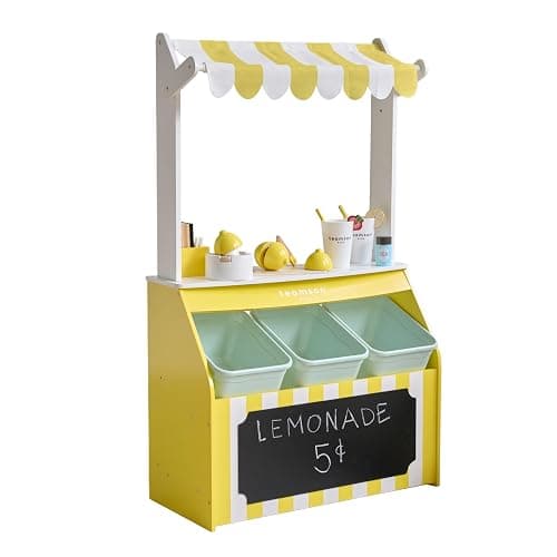 Teamson Kids Wooden Lemonade Stand, Yellow White, Age 3+ | For Toddlers, Pretend Play Grocery Shop, 18 Accessories, Juice Squeezer, Storage Bins - Image 1