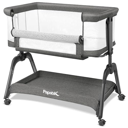 Papablic Baby Bassinet, Bedside Bassinet for Baby with Four-Sided Breathable Mesh & Soft Mattress, Adjustable Bassinet Bedside Sleeper with Storage Basket and Wheels, Easy to Assemble, Gray - Image 1