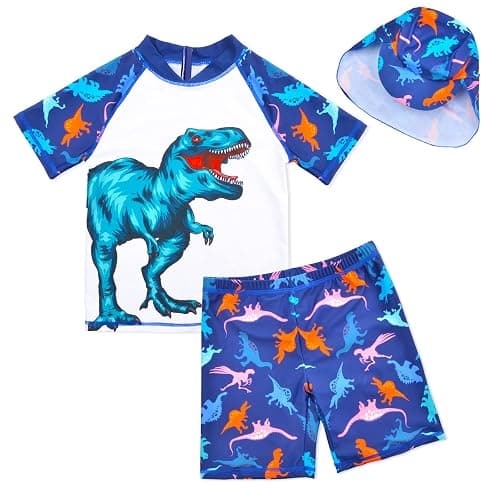 Boys Two Piece Rash Guard Swimsuits Kids Short Sleeve Swimwear Sets Bathing Suit with Sun Hat for 2-6 Years - Image 1