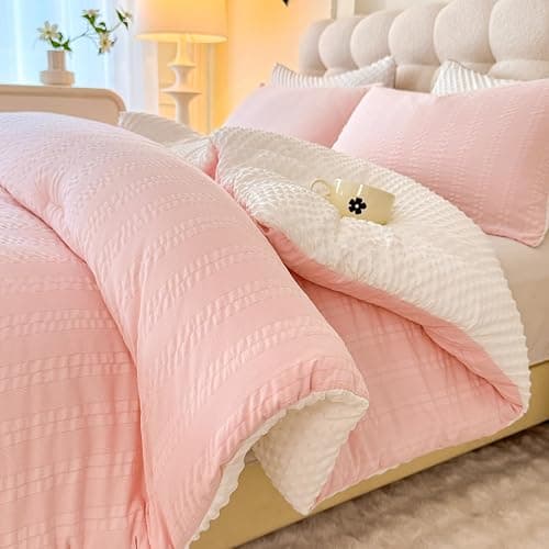 tohrisa Boho Comforter Set Full Size Striped Pleats Bohemian Seersucker Bedding Set All Season Soft Cozy 3 Pieces Quilt with 2 Pillowcases(80"X90" Blush Pink) - Image 1
