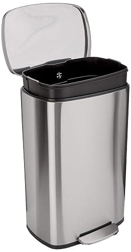 Amazon Basics Smudge Resistant Rectangular Trash Can With Soft-Close Foot Pedal, Brushed Stainless Steel, 50L/13.2 Gal, 16.7x14.7x25.9 in, Satin Nickel Finish - Image 1